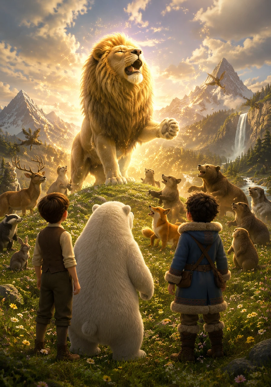 Un cântec puternic și plin de viață răsună în întunericul absolut, iar leul maiestuos Aslan începe să creeze tărâmul Narnia sub ochii uimiți ai lui David. Munții se ridică, iarba încolțește și animalele încep să vorbească, marcând victoria luminii și a binelui în fața pustiului și a tăcerii.