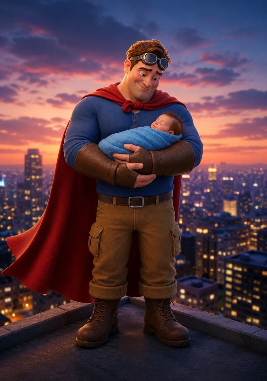 High atop a skyscraper overlooking the city, David wears his vibrant hero cape while gently cradling his tiny newborn son, Gabriel, in his strong arms. The city lights twinkle below like stars, but David only has eyes for the little miracle wrapped in a soft blue blanket.