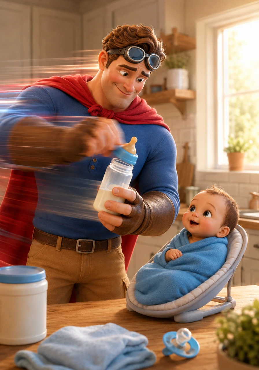 Back at their cozy home, David uses his super-speed to prepare a bottle in the blink of an eye. Even a superhero knows that a hungry Gabriel is a mission that requires the fastest response time and the steadiest hands.