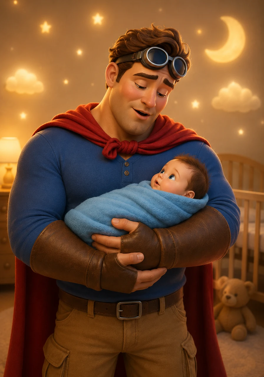 When Gabriel begins to cry, David uses his soothing 'Sonic Calm' voice, humming a low melody that vibrates with peace. The nursery walls glow with a soft, magical light as the little boy’s tears turn into curious blinks.