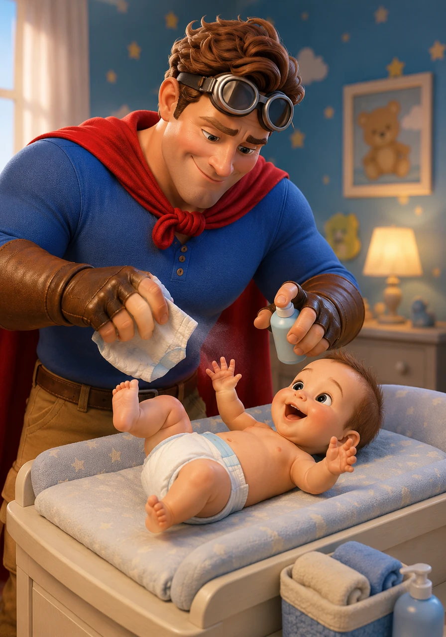 It is time for a diaper change, a task David approaches with the focus of a hero disarming a ticking clock. He wears his goggles for dramatic effect, making Gabriel giggle as the 'stinky situation' is resolved with expert precision.