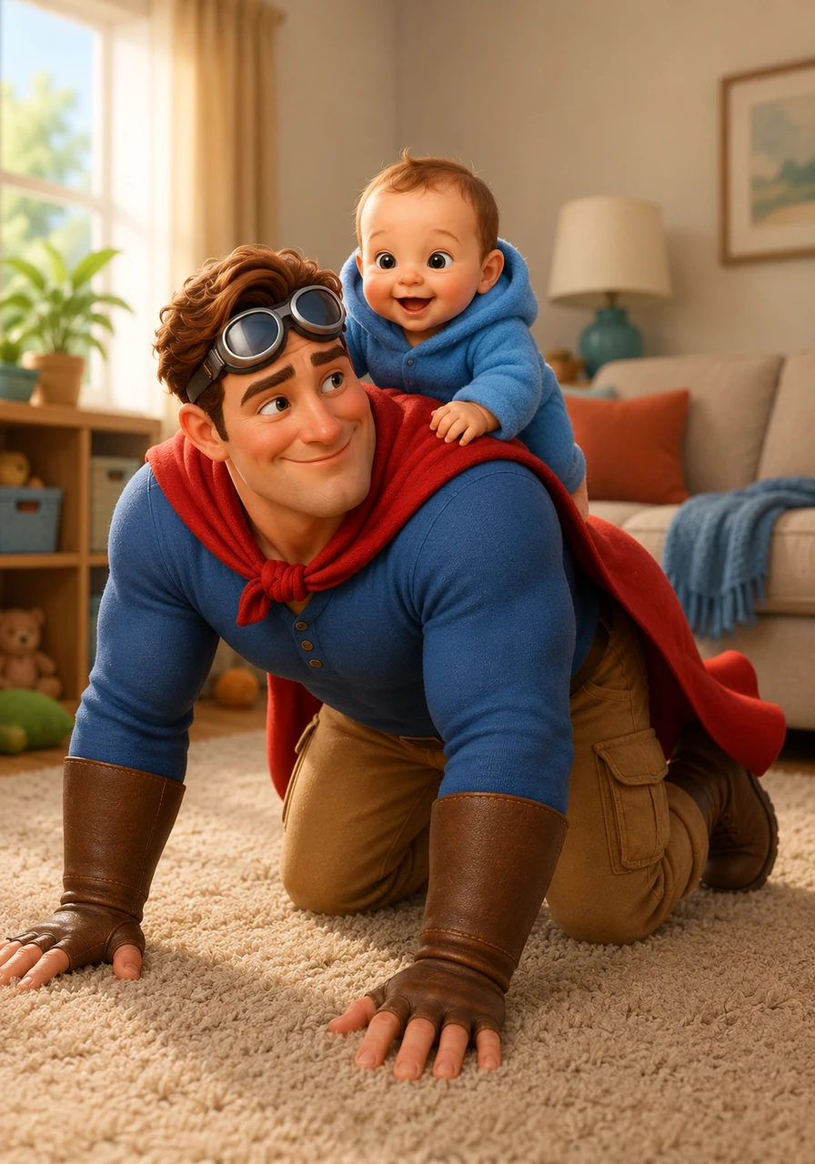 During tummy time, David gets down on the floor, using his strength to balance Gabriel on his broad back for a living room safari. They roam across the plush carpet mountains, exploring the vast wilderness of the playroom together.