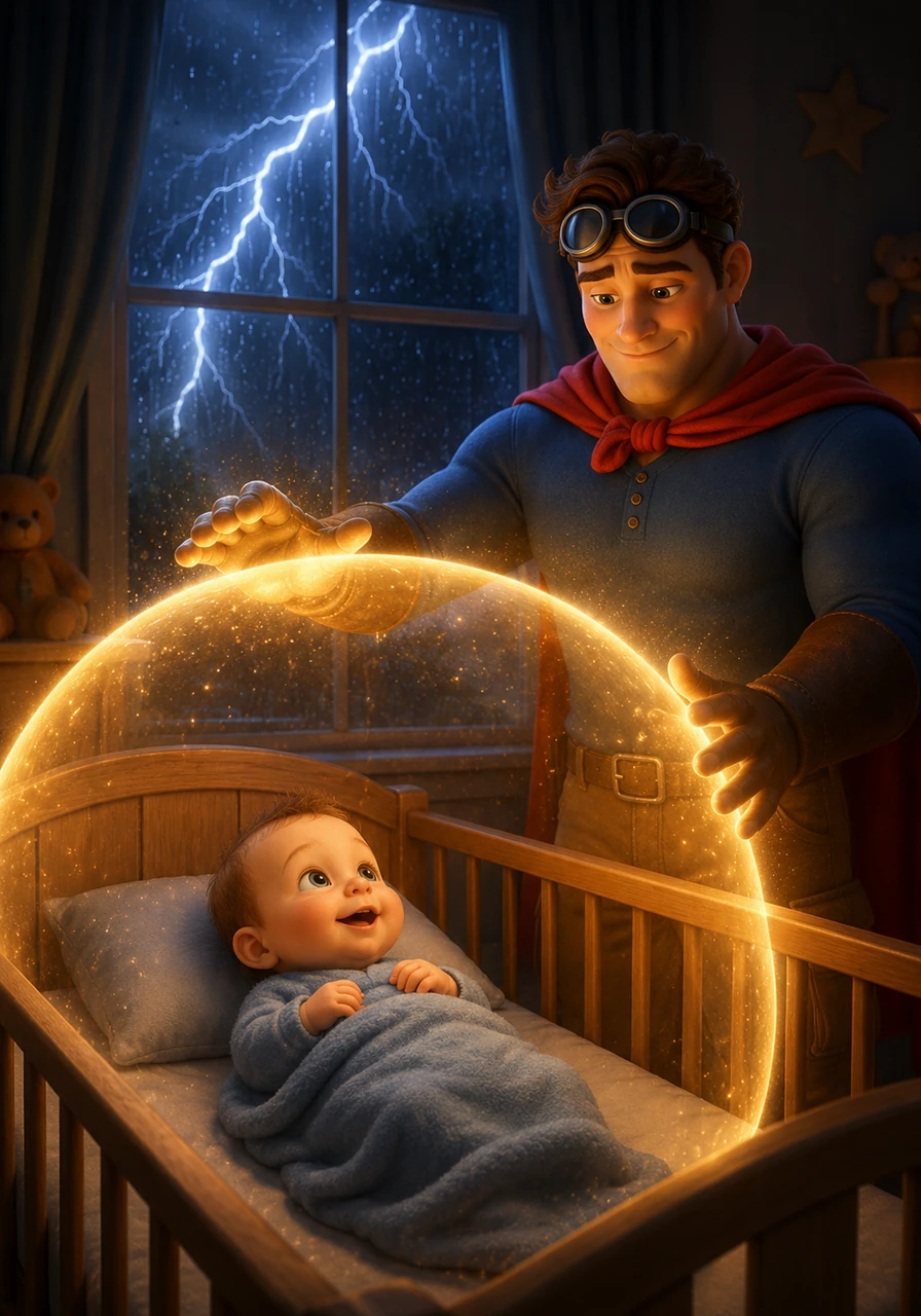 A sudden summer storm rumbles outside, but David creates a shimmering force field of warmth and safety around Gabriel’s crib. The lightning and thunder become nothing more than a beautiful light show for the fearless little sidekick.