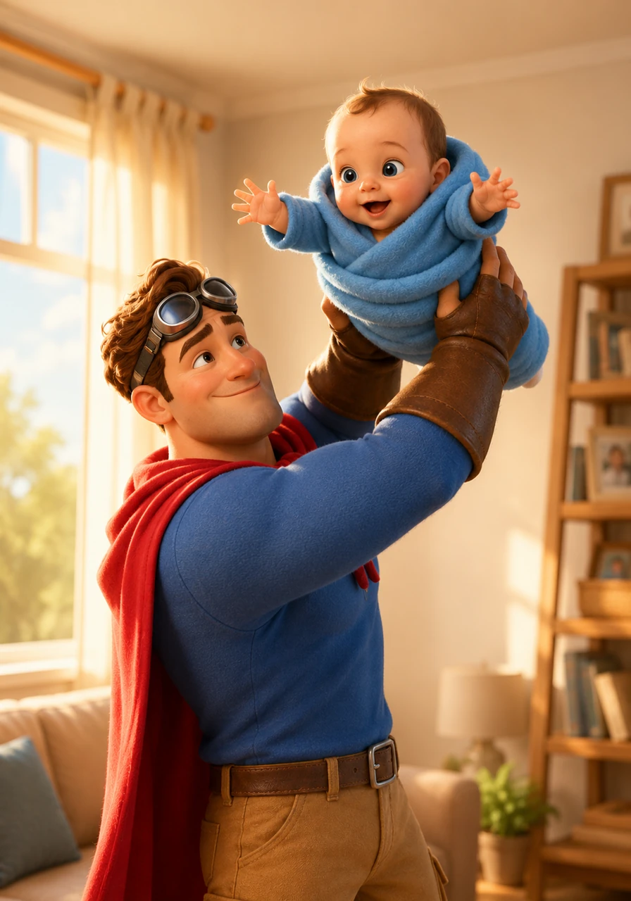 In the afternoon sun, David lifts Gabriel high toward the ceiling, pretending they are flying through the clouds together. Gabriel’s tiny hands reach out, grasping at the air as he experiences the thrill of his very first flight.