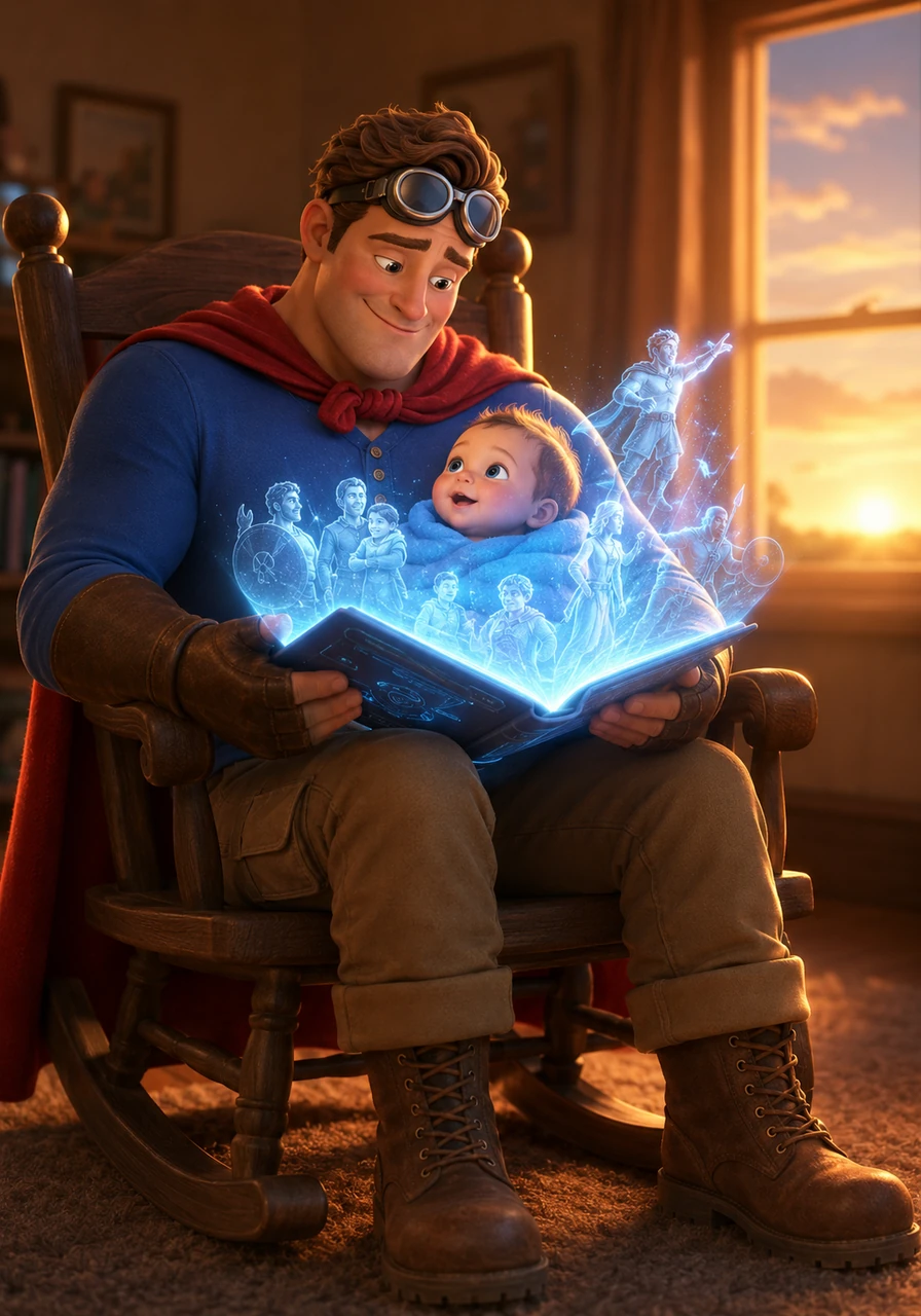 As the sun begins to set, David sits in a large rocking chair, showing Gabriel a holographic book of their family's history. The glowing images dance in the air, telling stories of bravery that Gabriel will one day carry in his own heart.