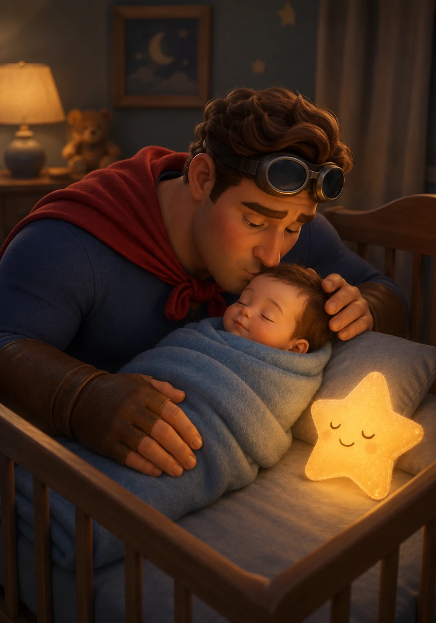 David gently tucks Gabriel into his crib, placing a small, plush star that glows with a soft golden light next to him. He kisses Gabriel’s forehead, whispering a hero's oath to always protect him from the shadows of the night.