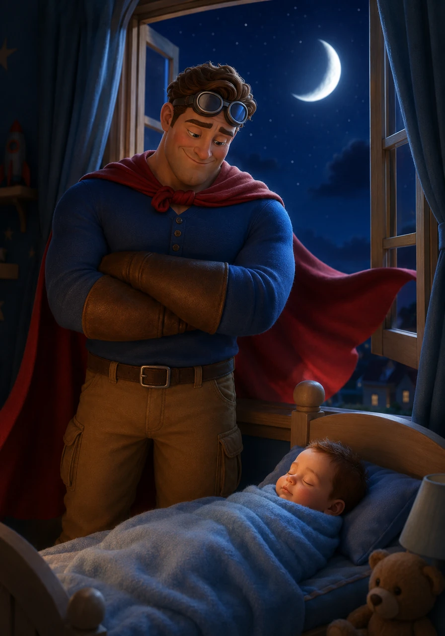Standing by the window under a crescent moon, David watches his sleeping son with a proud smile, his cape fluttering in the breeze. He realizes that being a father is his greatest adventure yet, and Gabriel is the most powerful inspiration he has ever known.