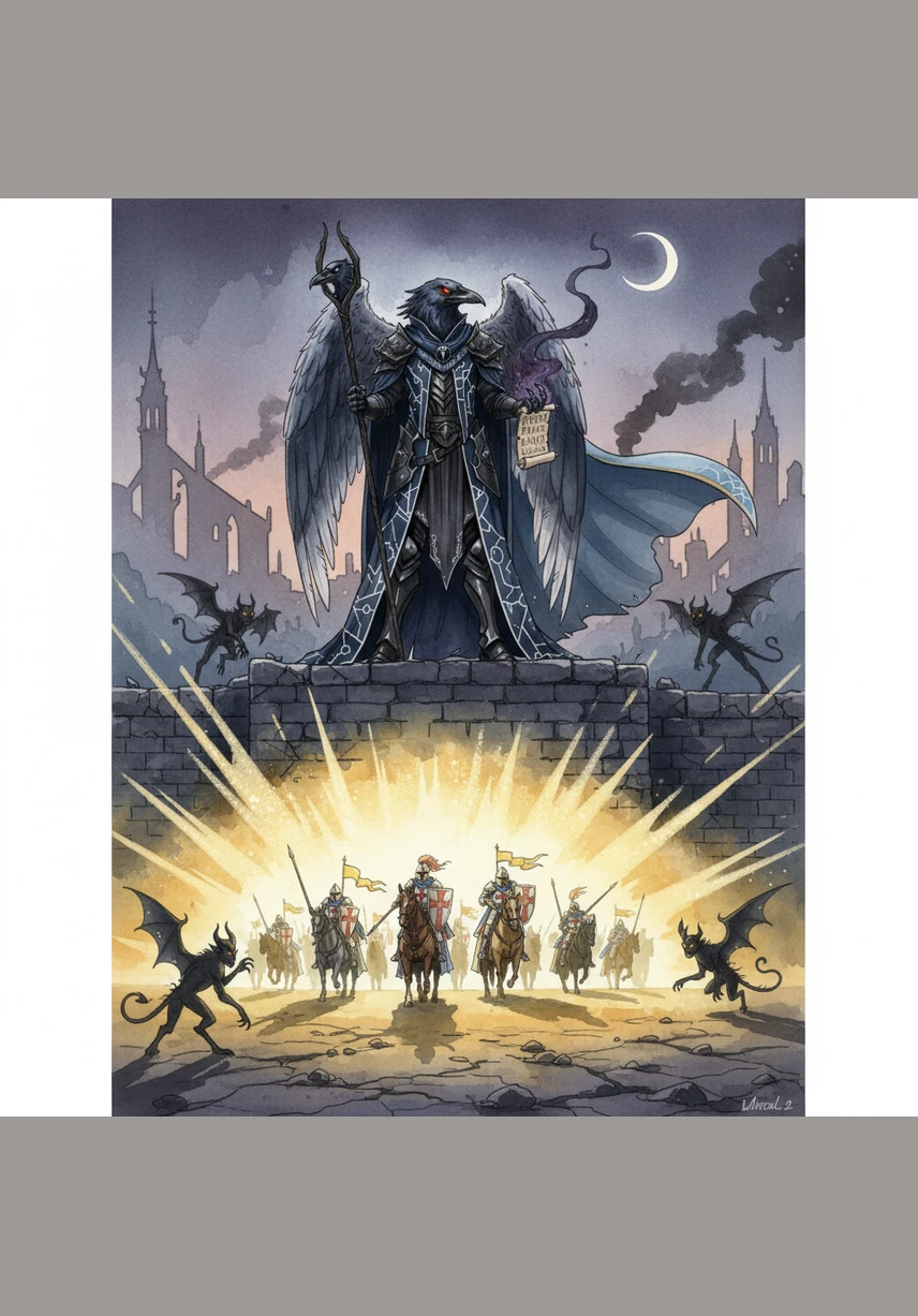 At the edge of his territory, a shimmering golden light announced the arrival of the Holy Order’s knights, seeking to extinguish the last flame of the demon realm. Malphas stood tall on the ramparts, his cape billowing in the cold wind as he prepared for the first true test of his reign.