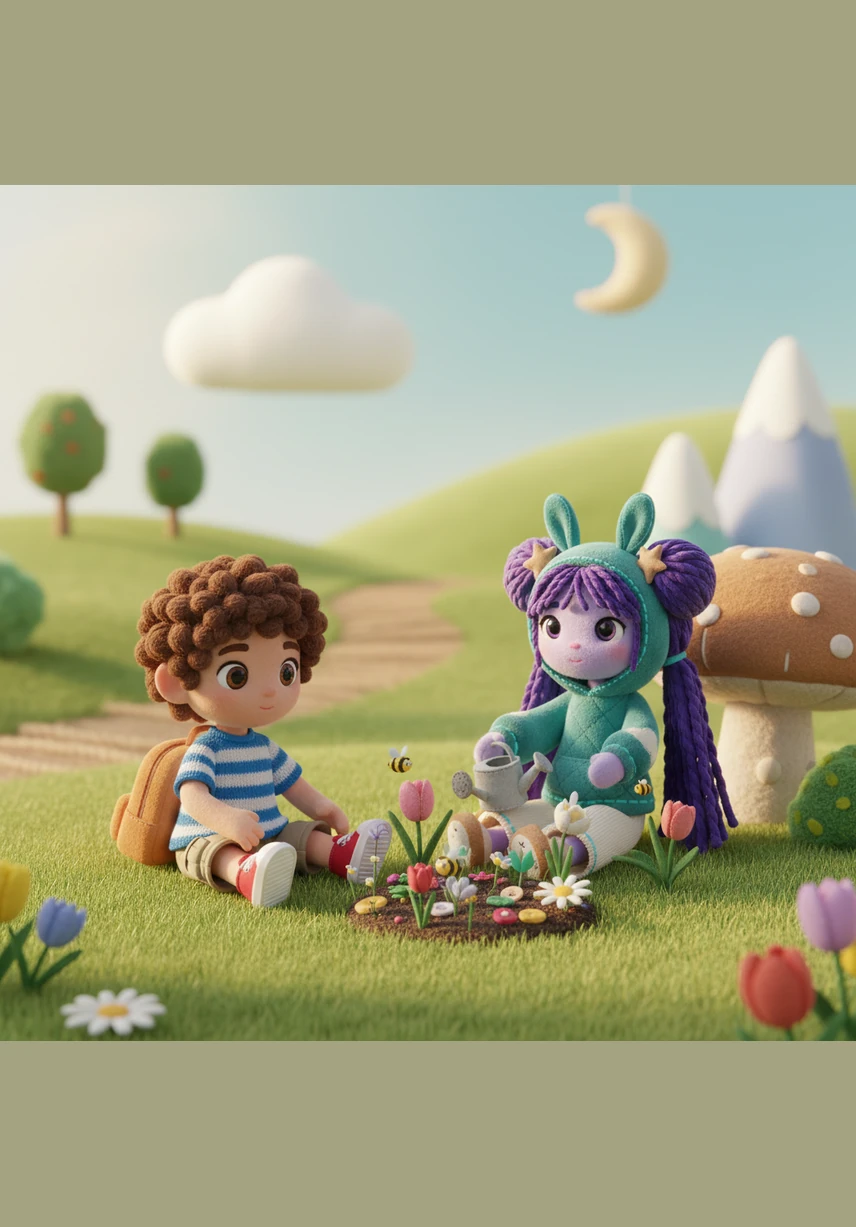 When spring arrives, the garden wakes up from its long sleep. Lila watches bright tulips and daisies poke their heads through the soft green grass, painting the ground in vibrant colors.