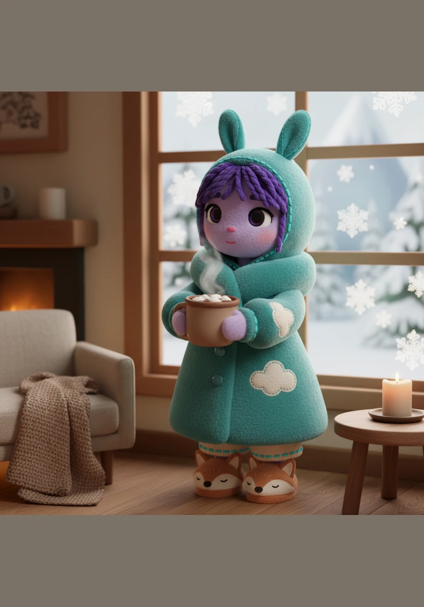 Back inside her warm house, Lila wraps herself in her favorite fuzzy coat. She holds a mug of steaming hot cocoa and watches the snowflakes drift slowly past the window.
