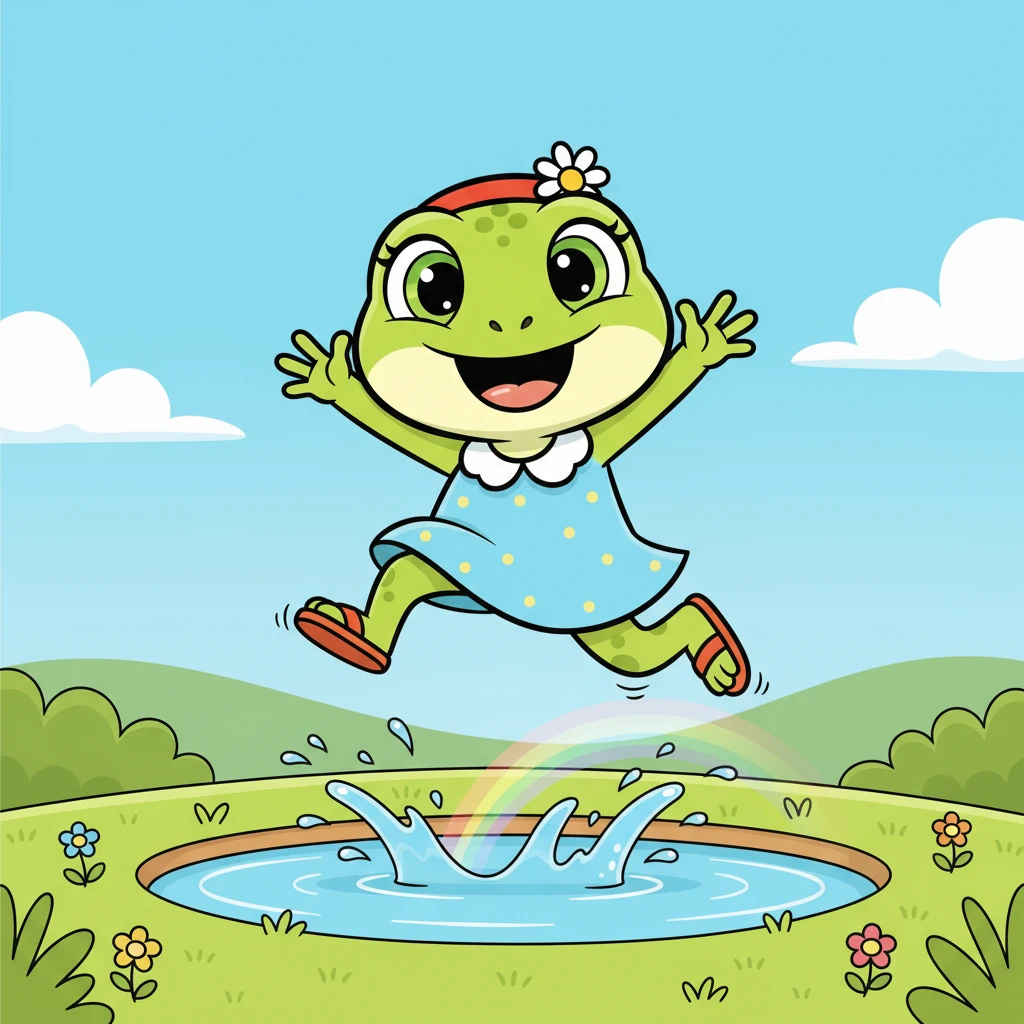 Ana la rana salta con una alegría contagiosa sobre un charco brillante. Sus patas se extienden en el aire mientras una sonrisa amplia ilumina su carita verde. Pequeñas gotas de agua salpican a su alrededor, creando un arcoíris en miniatura.