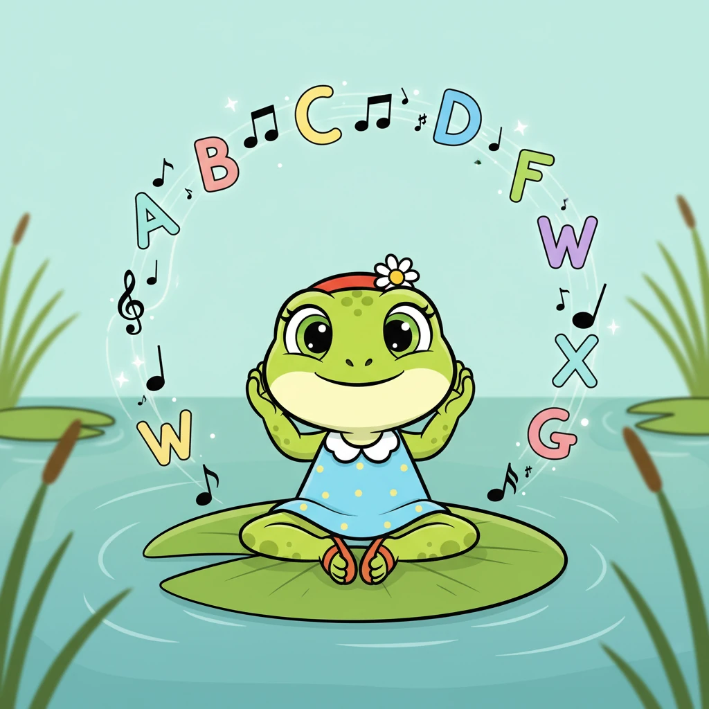 Ana se sienta tranquilamente en una hoja de nenúfar, rodeada de letras juguetonas y notas musicales que flotan suavemente. Sus ojos brillan mientras escucha los dulces sonidos de las palabras unirse. Parece estar inmersa en un mundo de historias y melodías.