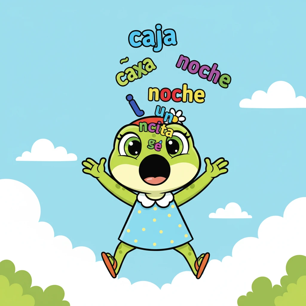 De repente, en medio de un salto muy alto, Ana abre su boca en un grito de sorpresa. Una cascada de palabras coloridas y traviesas, como "caja", "coche" y "noche", caen directamente dentro de ella. Sus ojos se abren de par en par.