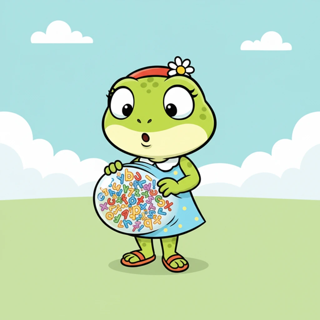 La pancita de Ana se ha hinchado cómicamente, y a través de su piel, se ve un torbellino de palabras revueltas. Las letras chocan y giran sin control, creando un caos divertido dentro de ella. Ana se mira el vientre con una expresión de asombro.