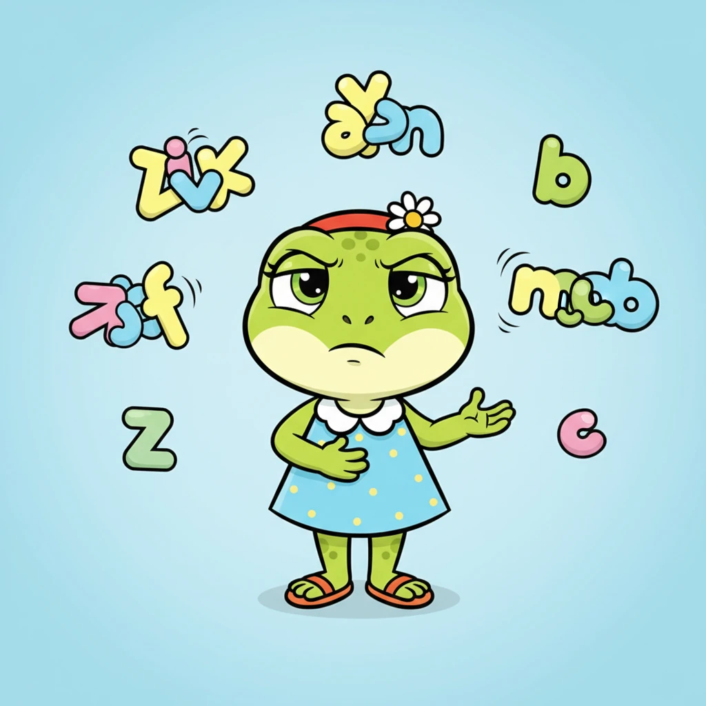 Ana, con una pata en su barriga, intenta entender el desorden. Algunas palabras parecen querer unirse, otras se empujan, y algunas simplemente flotan solas. Ella frunce el ceño ligeramente, dándose cuenta de que necesita ayuda para organizarlas.