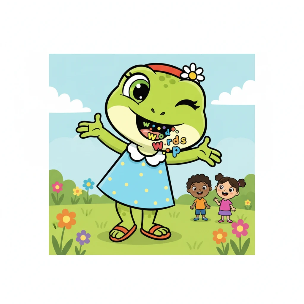 Con una sonrisa amigable y los brazos abiertos, Ana se inclina hacia adelante, invitando a los niños a unirse a su juego. "¡Ábranme la boca!", dice ella con un guiño, "Las palabras necesitan salir para jugar".