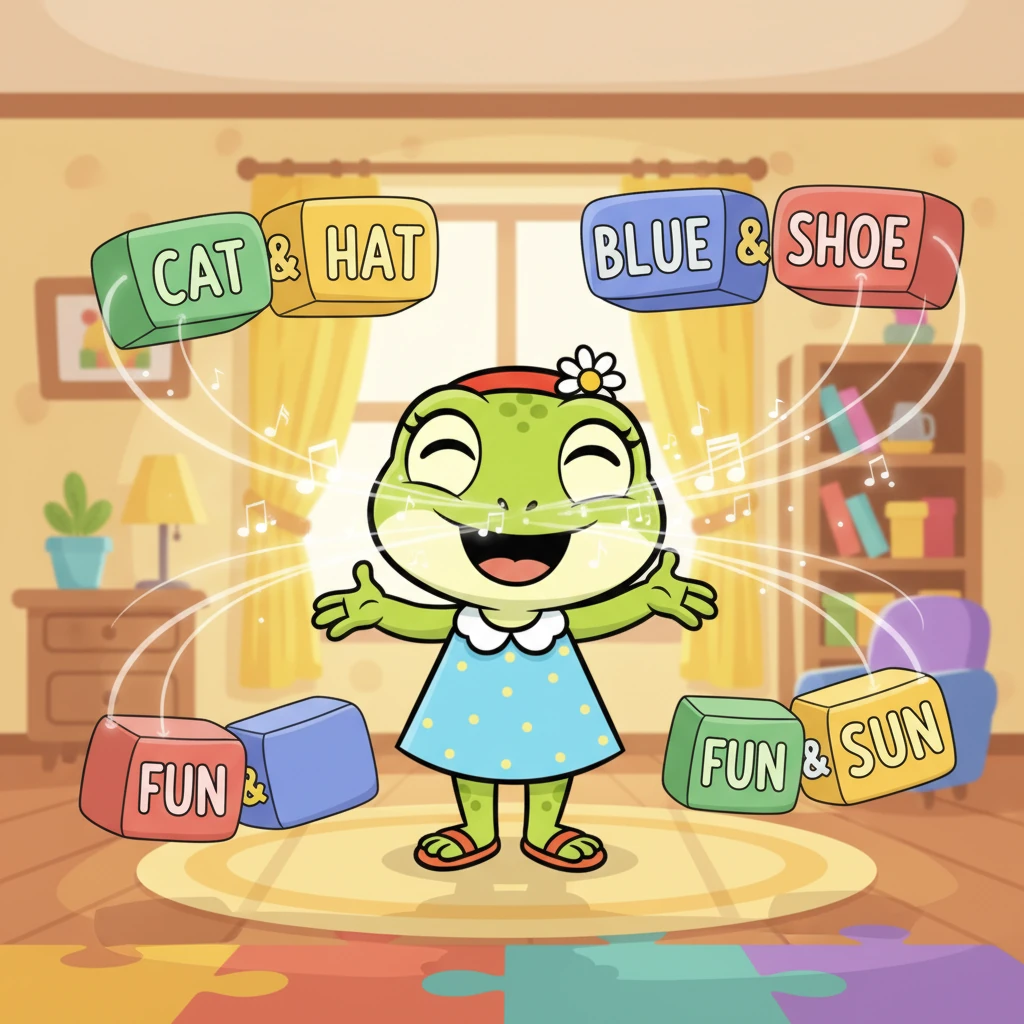 Ana está rodeada de montones de palabras que ahora están perfectamente emparejadas por sus rimas. Con una expresión de triunfo y alegría, ella canta una canción suave, mientras las palabras ordenadas forman un coro armonioso. El juego continúa, lleno de risas y aprendizaje.