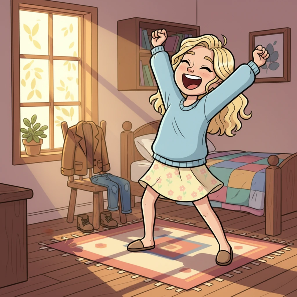 The morning sun peeked through the leafy windows of Julia's cozy Catskills cabin, painting stripes across her room. Julia, with her bright blond hair and sparkling blue eyes, stretched with a joyful yawn, ready for a new day of exploration. Her trusty brown jacket and well-worn jeans lay ready, promising another grand adventure.
