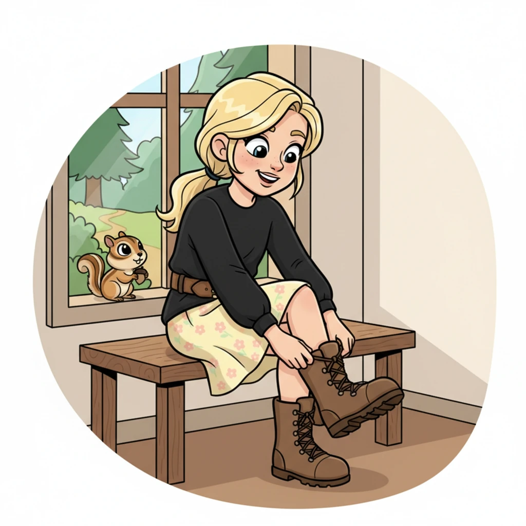 With a cheerful hum, Julia pulled on her sturdy hiking boots, lacing them up tight for the trails ahead. She grabbed her favorite country-style belt and adjusted her black shirt, feeling strong and ready. A tiny, curious chipmunk peered from her windowsill, as if wondering what exciting plans Julia had in store.