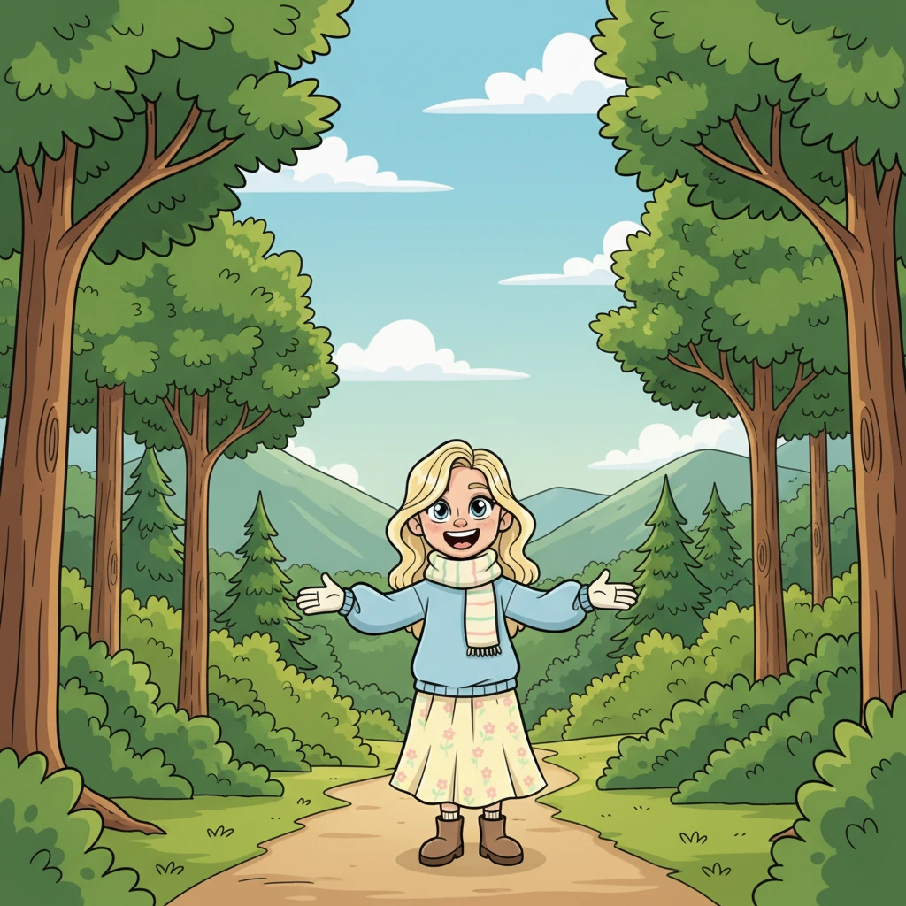 Stepping outside, Julia was greeted by the fresh, crisp air and the vibrant green embrace of the Catskill Mountains. Tall trees swayed gently, inviting her deeper into their cool, shady paths. She took a deep breath, a wide smile spreading across her face, eager to see what wonders awaited her.
