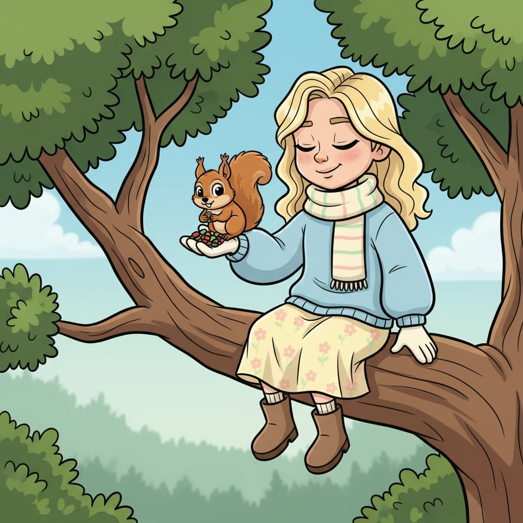 A small, fluffy squirrel, emboldened by Julia's gentle presence, scampered onto her branch. Julia chuckled softly, offering a piece of her trail mix, and the little creature gratefully accepted. Sharing a quiet moment, they enjoyed the peaceful majesty of the treetop world together.
