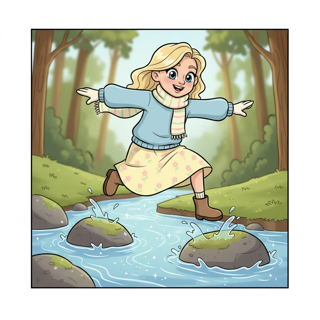 Later, Julia reached a sparkling, babbling brook, its clear waters dancing over smooth stones. With graceful leaps and bounds, she hopped from one mossy rock to another, crossing the stream without a splash. Her movements were light and quick, a testament to her adventurous spirit.