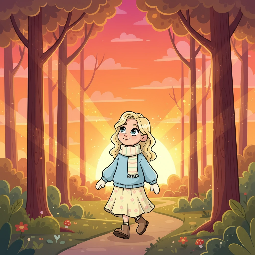 As the sun began its descent, painting the sky with fiery oranges and soft purples, Julia started her journey home. The forest glowed with a warm, golden light, making every leaf and branch seem to sparkle. She walked with a contented sigh, cherishing the memories of her day.