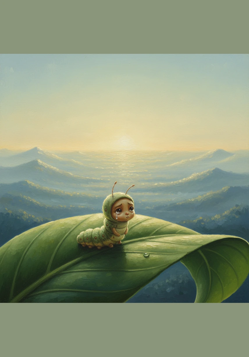 Callie the little caterpillar sat on a giant green leaf, looking out at the wide, shimmering world. She felt so tiny and insignificant against the vast horizon, and a single tear rolled down her cheek because the world felt too big to explore.
