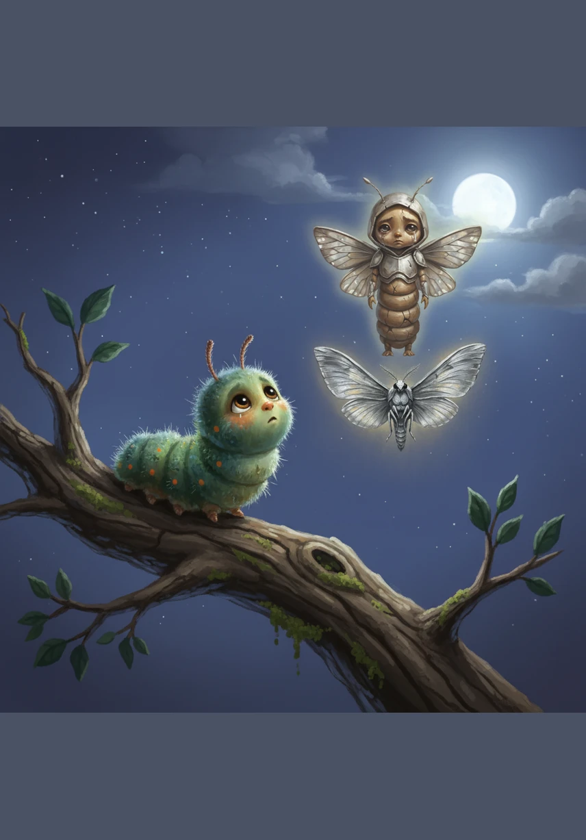 One evening, Callie looked up through the branches and saw a magnificent moth dancing through the moonbeams with effortless grace. The moth radiated a soft, silver light that seemed to turn the night into a magical playground, living the very dream Callie held in her heart.