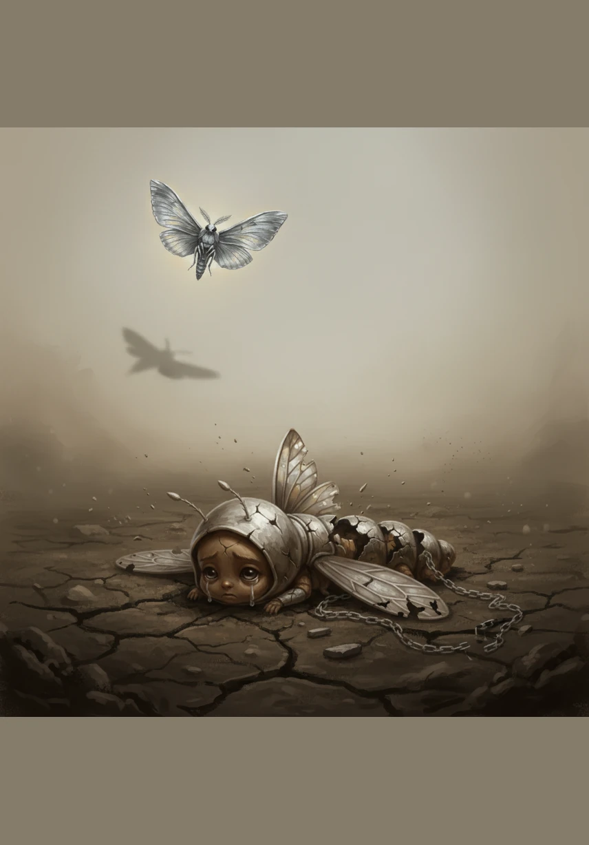 When Callie’s spirit finally chipped and broke from the weight of being a replica, the moth decided she was no longer useful and flew away. Callie was left alone in the dirt, feeling like a broken pawn in a game she never wanted to play.