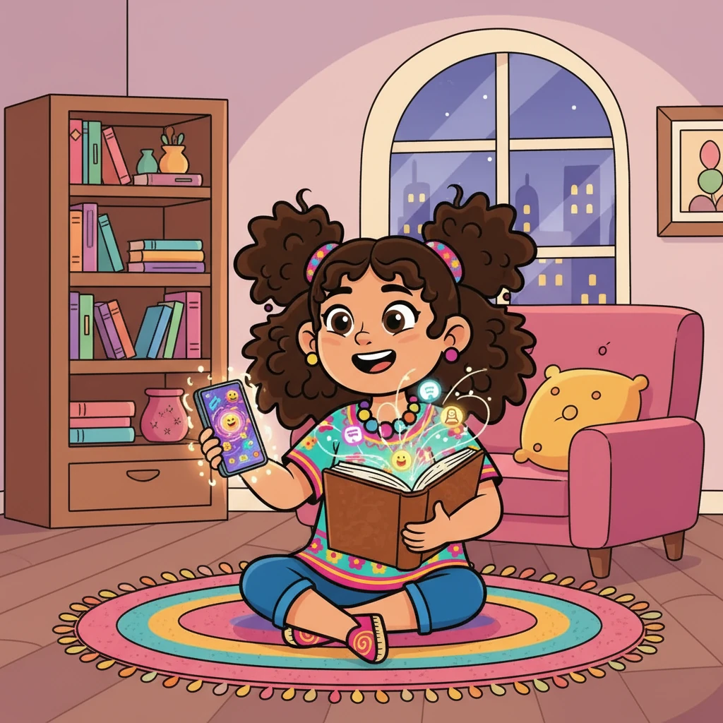 Hana, una joven con ojos brillantes y una melena rosa, estaba fascinada por el mundo digital. Su teléfono, siempre en mano, era una ventana a un universo de amigos, juegos y aventuras. Un día, su abuela le regaló un cuaderno mágico que le permitiría ver el mundo digital de forma diferente.