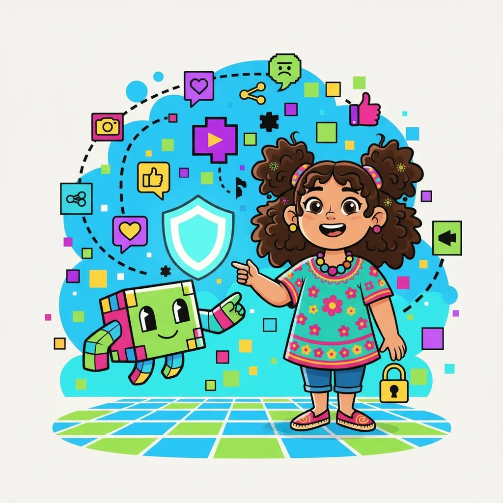 Dentro del cuaderno, Hana se encontró en un mundo de píxeles y colores vibrantes. Un simpático avatar, llamado Pixel, la guio por las redes sociales, explicándole cómo funcionan y los peligros que acechan. Pixel le advirtió sobre la importancia de la privacidad y la seguridad en línea.