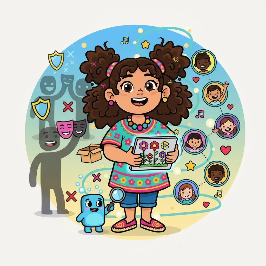 Hana, con la ayuda de Pixel, aprendió a identificar el contenido falso y las malas intenciones. Vio cómo la gente a veces se escondía tras perfiles falsos, pero también descubrió la alegría de conectar con amigos y compartir sus pasiones de manera segura y respetuosa.