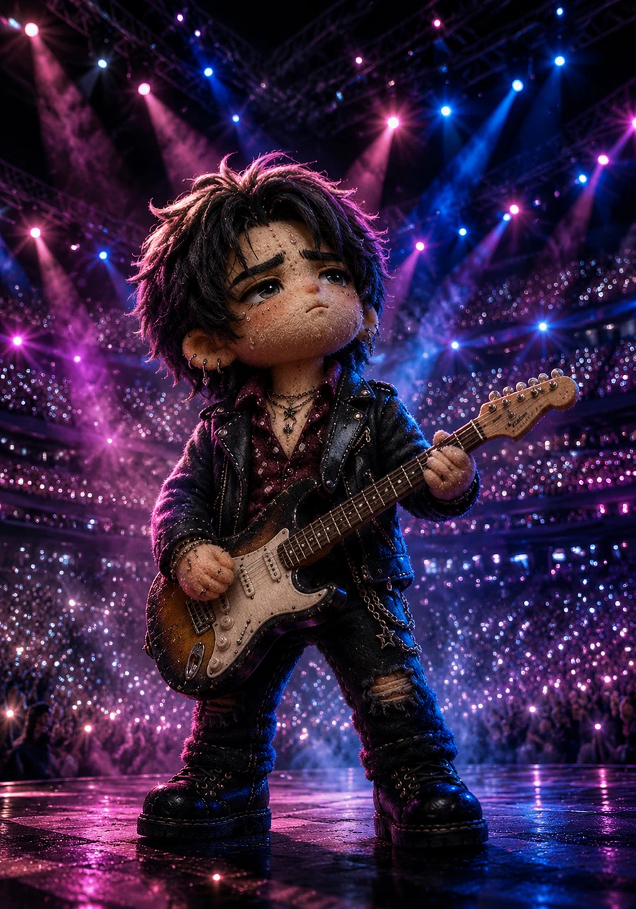 Julian Vance stands in the center of a massive, stadium stage, his guitar slung low as thousands of flashing lights illuminate the roaring crowd. Sweat glistens on his face, and his leather jacket reflects the neon pink and electric blue beams cutting through the haze. While his fingers fly across the fretboard, his eyes look far away, searching for something the audience cannot see.