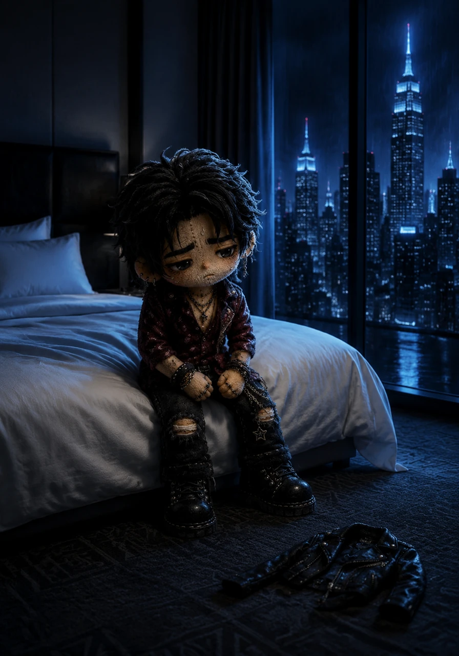 Inside his dim hotel room, the heavy door shuts out the world with a definitive click. Julian drops his leather jacket onto the floor and sits at the edge of a massive, pristine white bed. The only illumination comes from the cold, blue light of the city skyline pouring through the floor-to-ceiling windows.