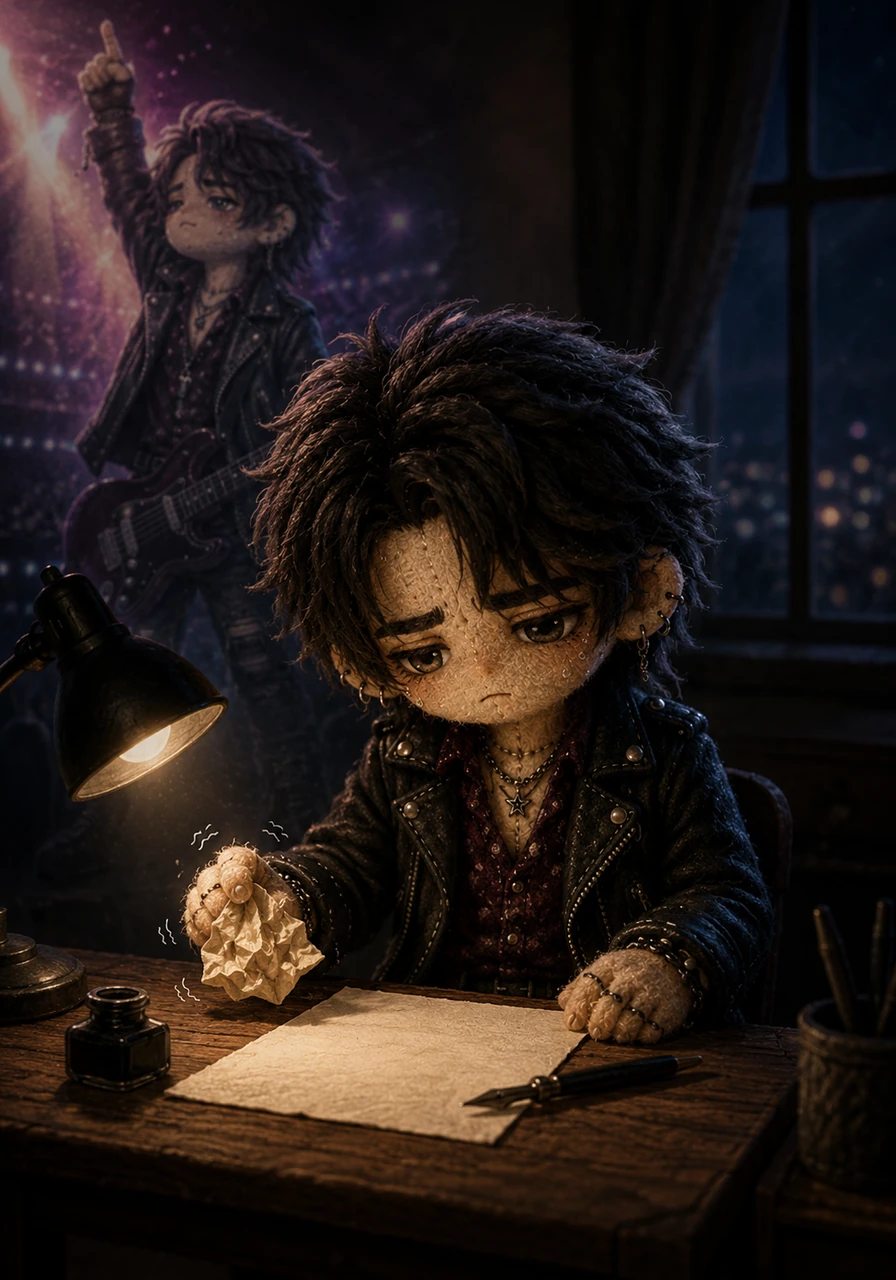 He pulls a crumpled piece of paper and a simple ink pen from his pocket, resting them on a small wooden desk. His hands, which just commanded a stadium of ninety thousand people, now tremble slightly as he stares at the blank page. The rock star fades away, leaving behind a quiet poet in the midnight shadows.