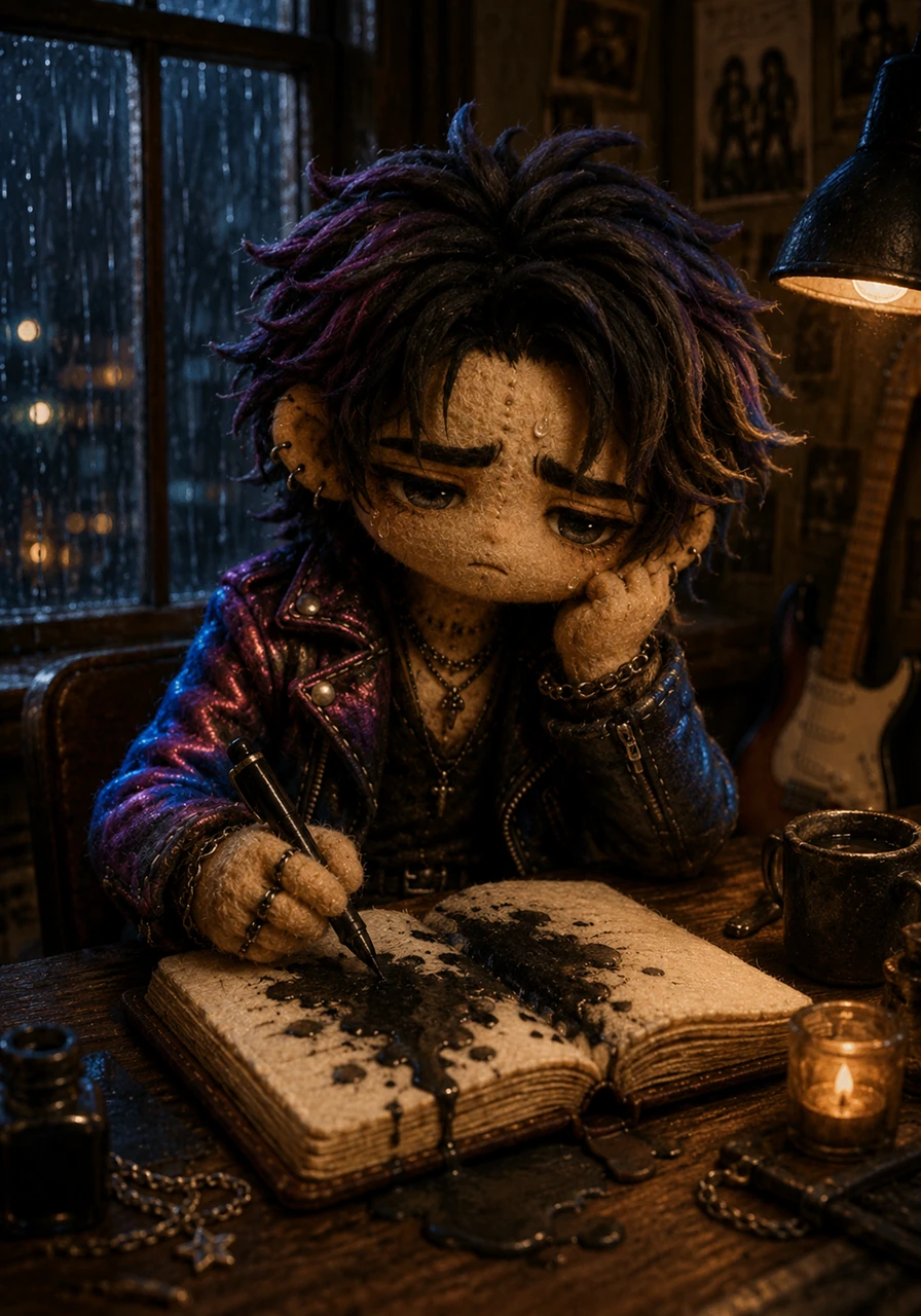 Julian writes his first words, letting the ink bleed into the paper as he describes the phantom warmth of the spotlight and the sudden chill of the aftermath. Outside, the rain begins to streak across the glass, mirroring the tears of ink forming on his page. Each stanza is a fragile bridge built to span the vast ocean of his loneliness.