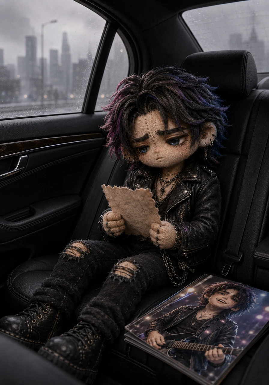 The next morning, Julian sits in the backseat of a sleek black car, watching the unfamiliar city pass by in a gray fog. He holds his handwritten poem close, his thumb tracing the jagged edges of the paper. Next to him, a glossy music magazine features his confident, smiling face on the cover, completely detached from the person he actually is.