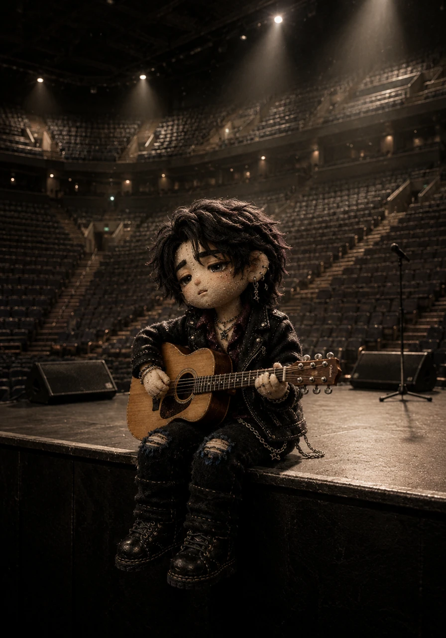During a soundcheck in an empty arena, Julian sits alone on the edge of the stage with an acoustic guitar instead of his usual electric setup. The empty stadium seats rise up around him like a hollow canyon. He softly sings the words he wrote the night before, his voice echoing purely through the cavernous space.
