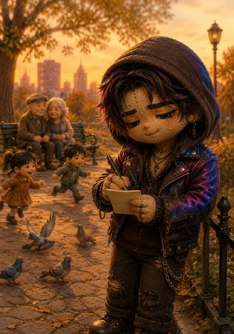As the sun sets, Julian walks through a quiet city park unnoticed, wearing a simple hoodie pulled low over his face. He watches an old couple sitting on a bench and children chasing pigeons, drawing inspiration from the ordinary world he is so often isolated from. He scribbles down a few more lines on his napkin, smiling genuinely for the first time all week.