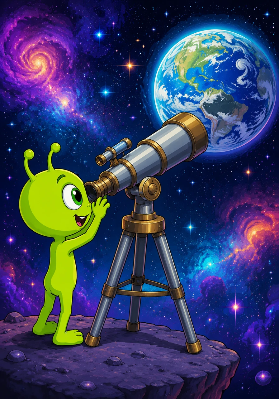 High above in the Glittering Galaxy, a small, lime-green alien named Zoggy peered through his giant telescope. He was fascinated by a swirling blue and green marble far away, wondering what secrets were hidden beneath its fluffy white clouds.