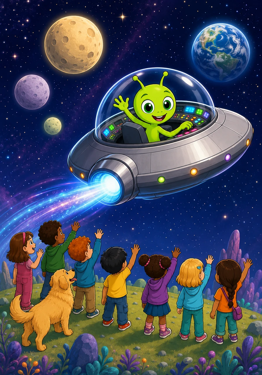 With a determined beep, Zoggy hopped into his round, silver spaceship and pressed a series of glowing buttons. The engines hummed a soft melody as he waved goodbye to his three-mooned home and zoomed toward the distant blue planet.