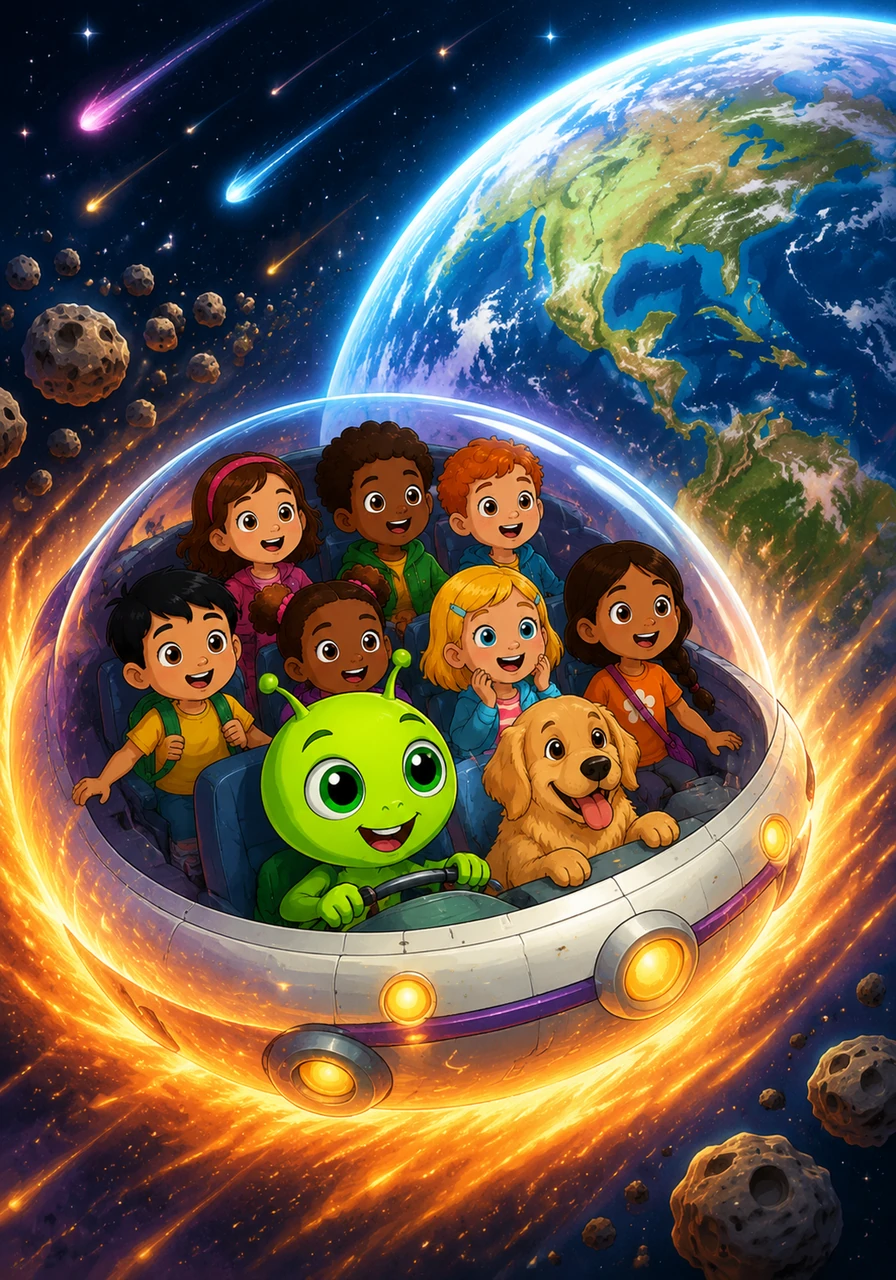 The spaceship zipped past sparkling comets and danced through asteroid belts until the Earth loomed large in the window. Zoggy’s heart raced with excitement as his ship began to glow with the warmth of the atmosphere, descending like a falling star.