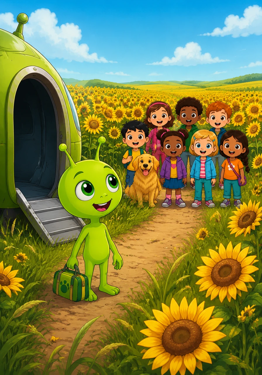 The ship touched down gently in a field of tall, swaying grass and bright yellow sunflowers. When Zoggy stepped outside, he was amazed by the sweet scent of flowers and the tickle of the breeze on his antennae.