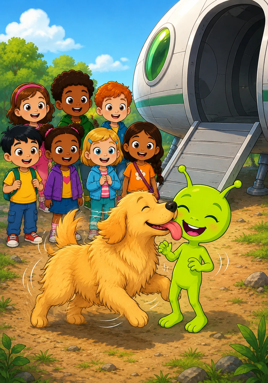 A fluffy golden retriever bounded toward the ship, wagging its tail so hard its whole body wiggled. Zoggy giggled as the creature gave him a big, wet lick, realizing that Earth’s inhabitants were much friendlier than he had imagined.
