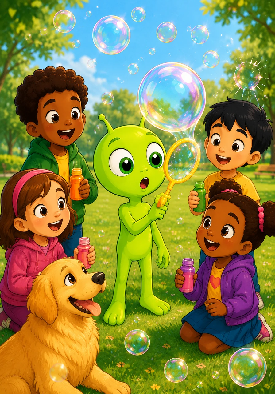 Soon, a group of children arrived, their eyes wide with wonder at the visitor from the stars. They showed Zoggy how to blow shimmering soap bubbles, and he watched in awe as the spheres floated and popped in the sunlight.