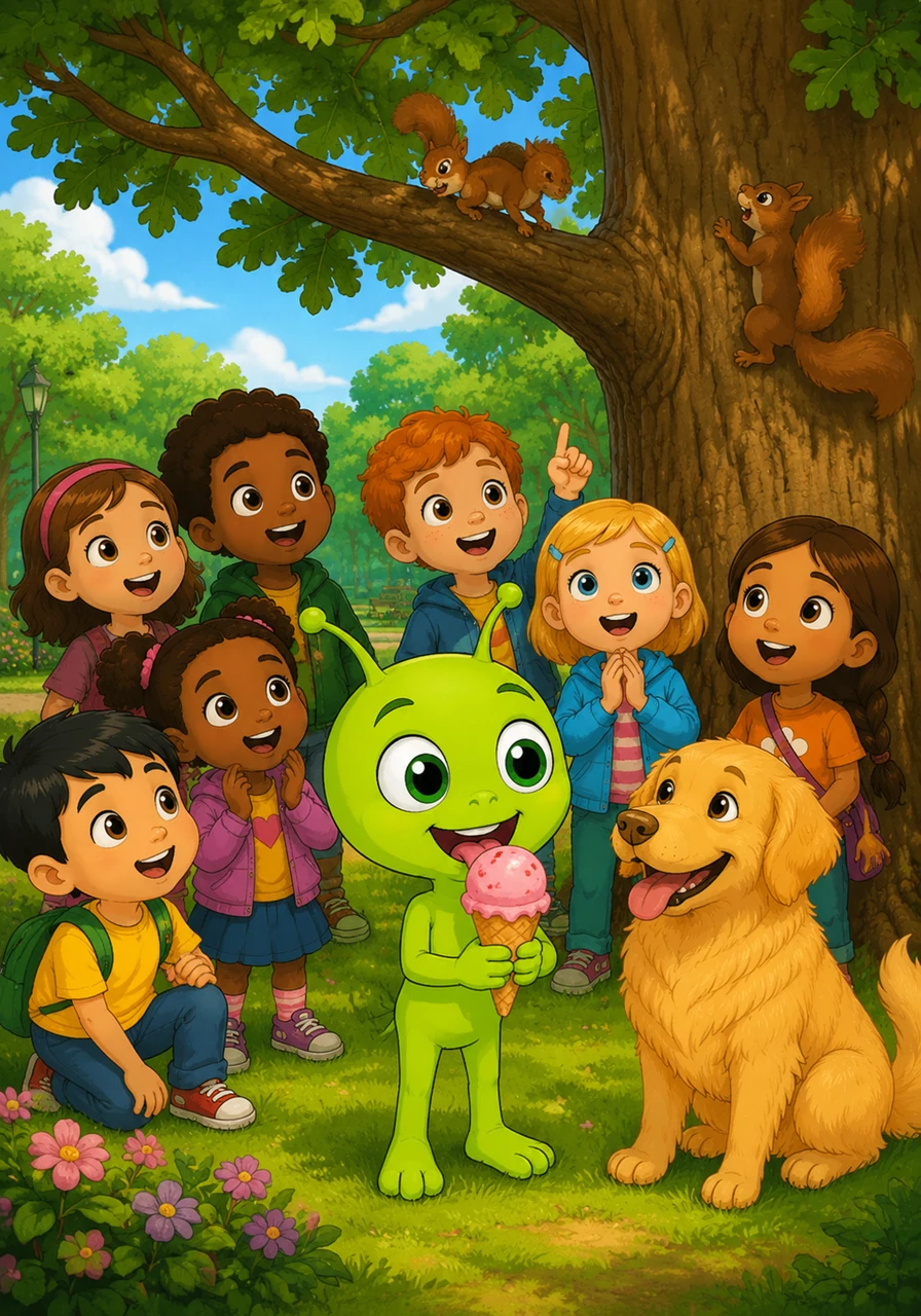 In a nearby park, Zoggy tasted his very first strawberry ice cream cone, which felt like a cold, sweet cloud on his tongue. He marveled at the giant oak trees and the way the squirrels scurried up the bark, finding everything on Earth absolutely incredible.