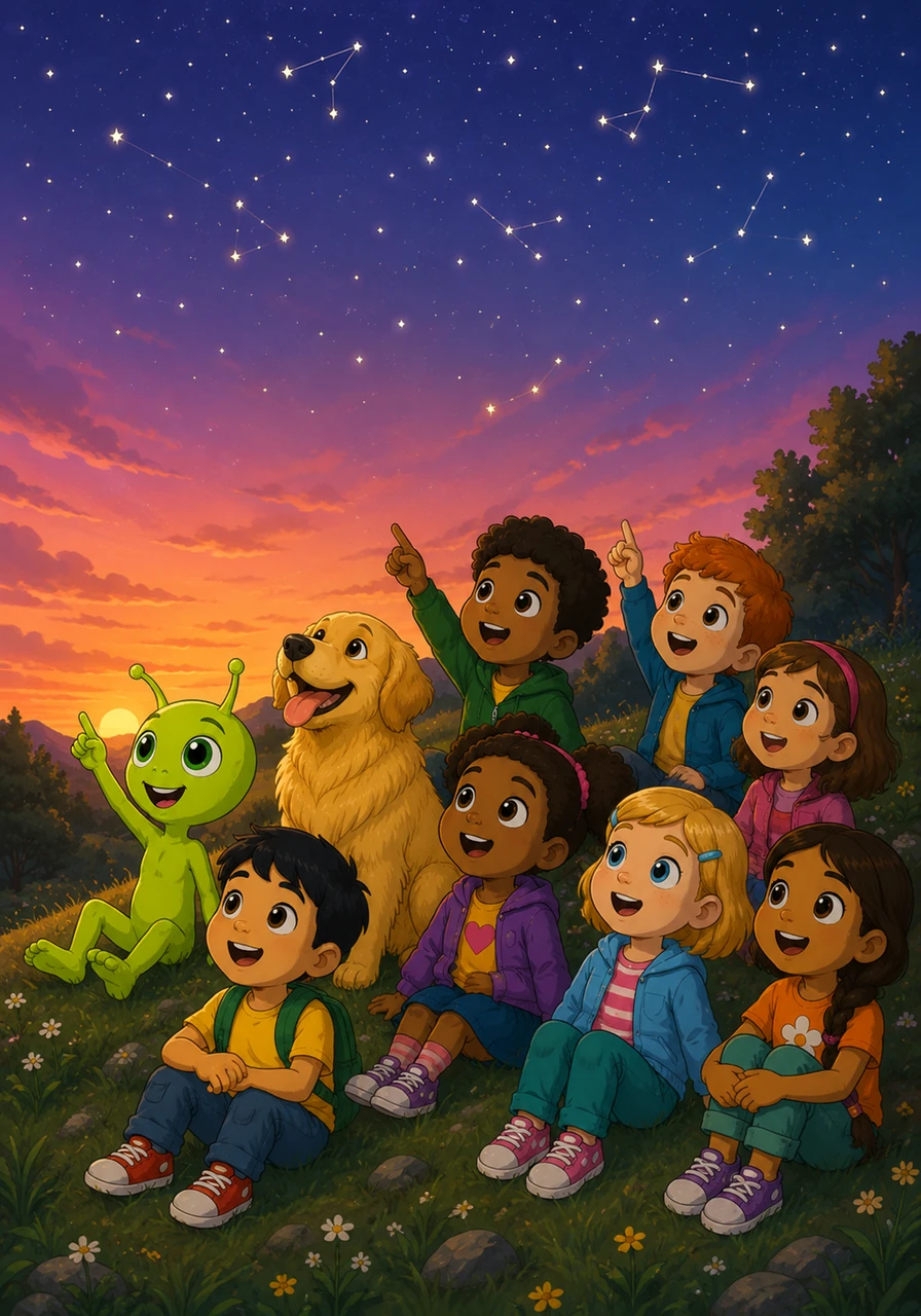 As the sun began to set, painting the sky in hues of pink and orange, Zoggy sat on a grassy hill with his new friends. They pointed out the constellations, and Zoggy realized that even though they were from different worlds, they all shared the same beautiful sky.