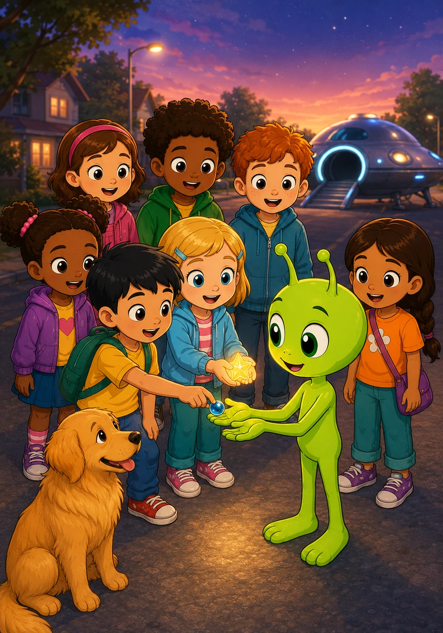 It was finally time for Zoggy to return to the stars, but he didn't want to leave empty-handed. He gave the children a glowing star-crystal from his planet, and in return, they gave him a shiny blue marble to remember them by.