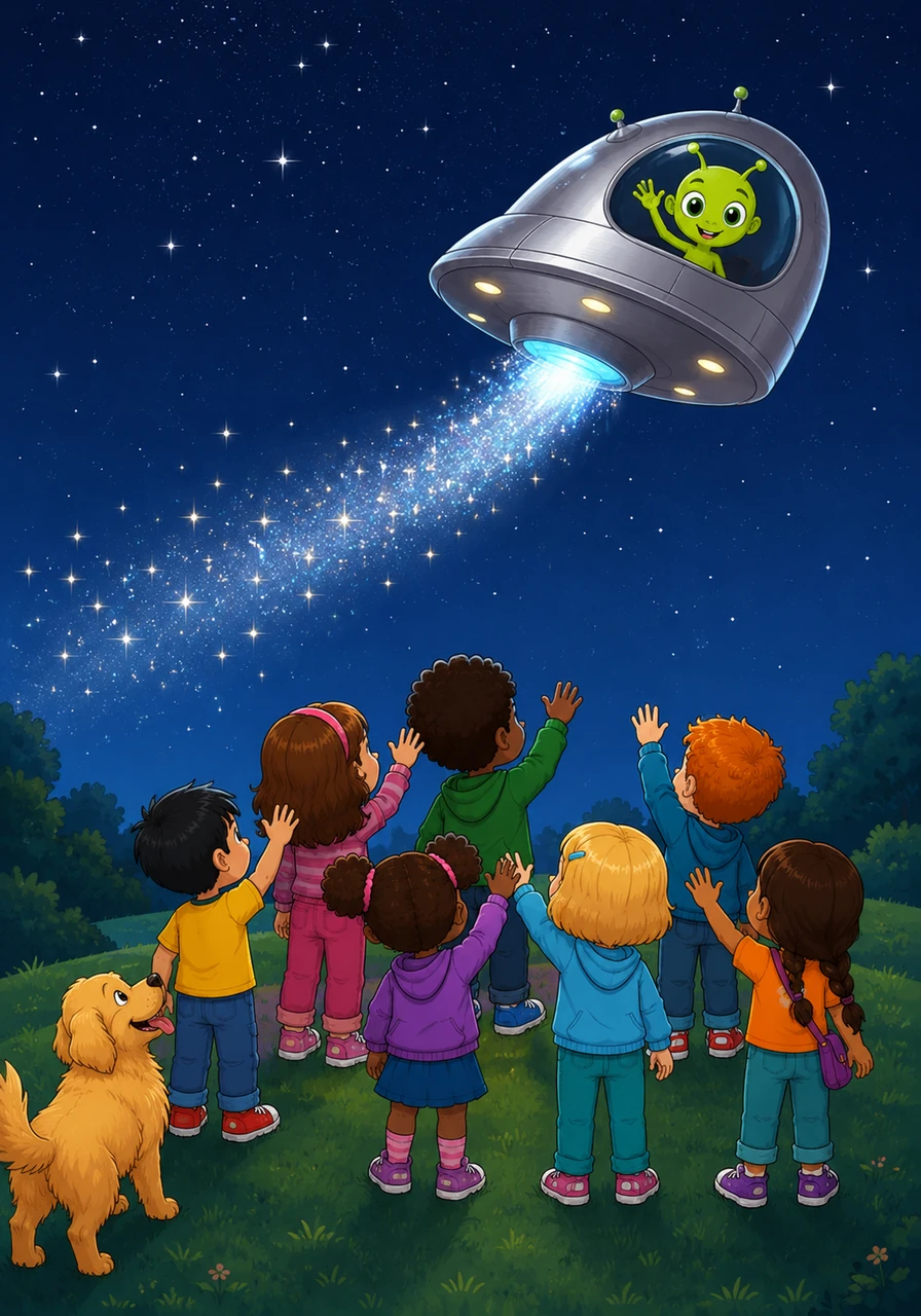 The silver spaceship lifted off, leaving a trail of stardust behind as it climbed higher and higher into the night. Zoggy looked out the window and waved, knowing that he would always have a home and friends waiting for him on Earth.